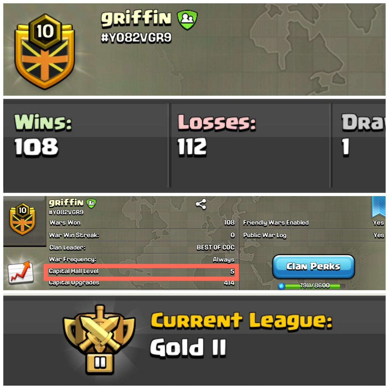 Clan capital 5 -- griffin -- Lvl-10 -- Gold 2 -- Brilliant and Superb Name And League