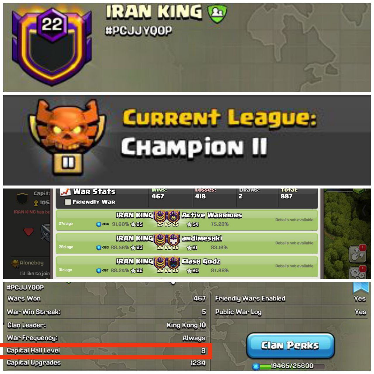 IRAN KING -- Lvl-22 -- Champion 2 -- CC-8 -- Positive Log -- Brilliant and Superb Name And League
