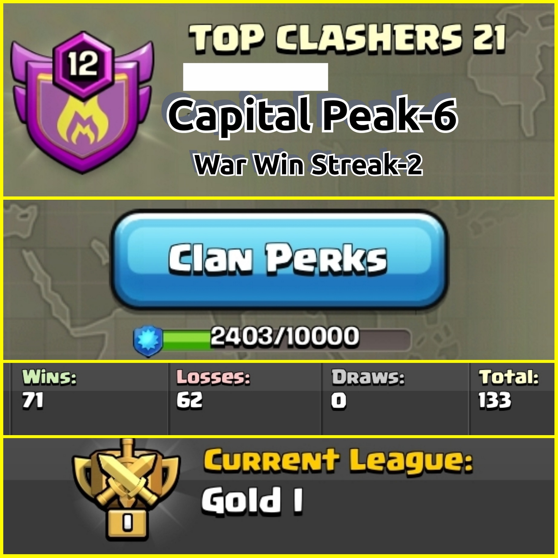 || Level - 12 || Name - TOP CLASHERS 21 || Gold League 1 || Capital Peak 6 || Both Android and iOS || Fast Delivery ||