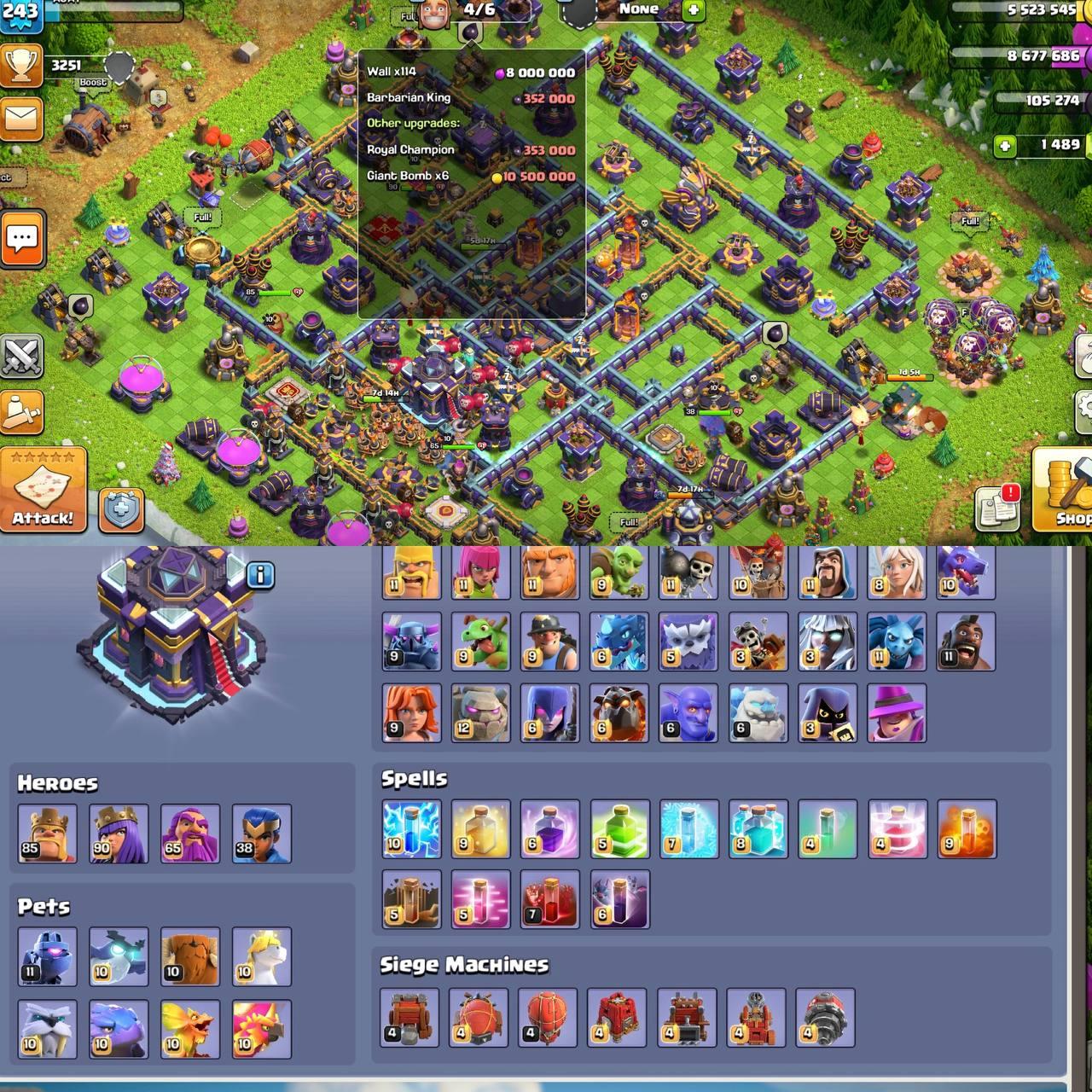 #Ultra Cheap :- Almost max Th15 Best Base| LEVEL 243| Heroes 85/90/65/38 |Name Change 500 Gems|Android & IOS |Delivery Instant #C194